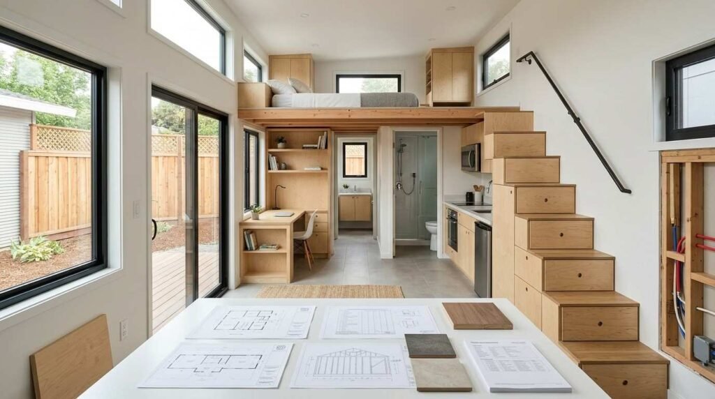 Well-planned tiny house on wheels interior showing efficient zoning, compact kitchen and bathroom, storage stairs, sleeping loft, work area, and space-saving floor-plan design.