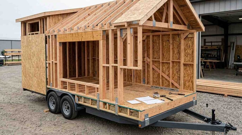 Partially framed tiny home on wheels showing wood wall and roof framing, loft structure, structural sheathing, steel trailer chassis, and engineered mechanical connections.