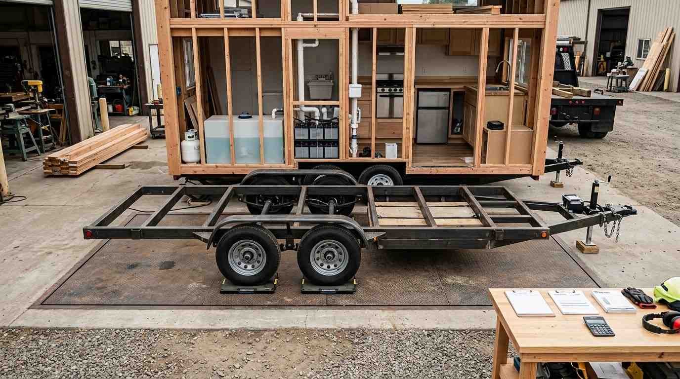 Tiny house on wheels with visible tandem axles, water tanks, batteries, appliances, weight measurement equipment, and load documentation illustrating dry weight, wet weight, GVWR, payload, and tongue weight.