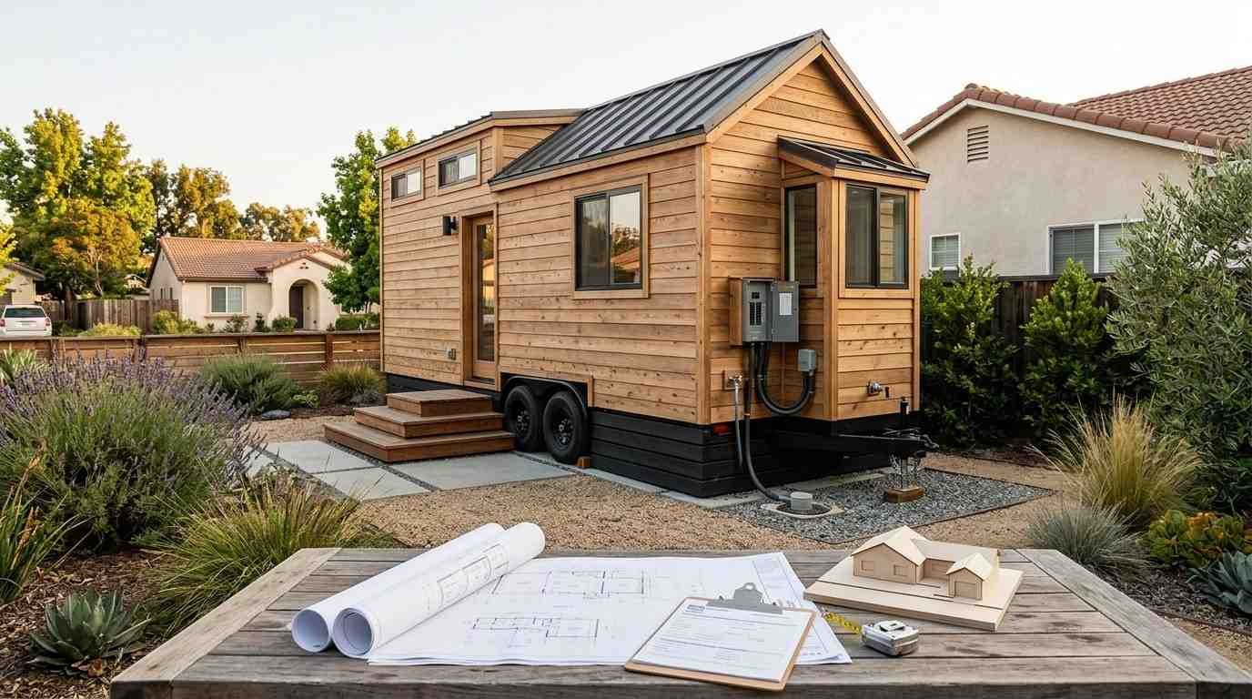 California tiny house on wheels positioned as a potential ADU beside a suburban home, with permanent utility connections, skirted base, site plans, and permit documents.