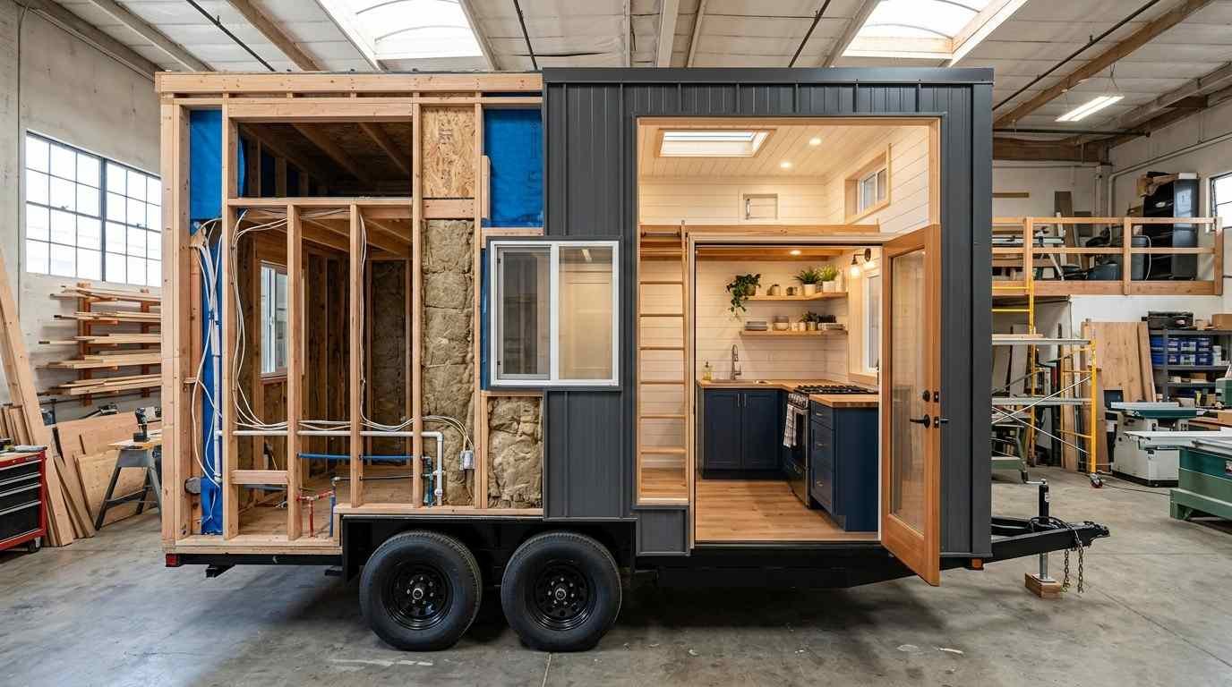 Tiny home on wheels shown during final construction with exposed framing, mechanical systems, and partially finished interior.