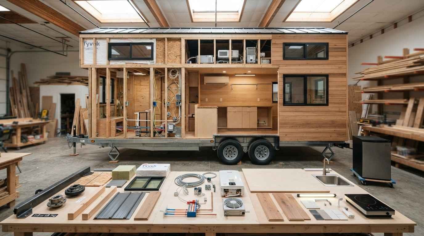 Tiny home on wheels under construction showing the five major build cost areas: trailer chassis, shell and envelope, MEP systems, interior finishes and cabinetry, and appliances and fixtures.