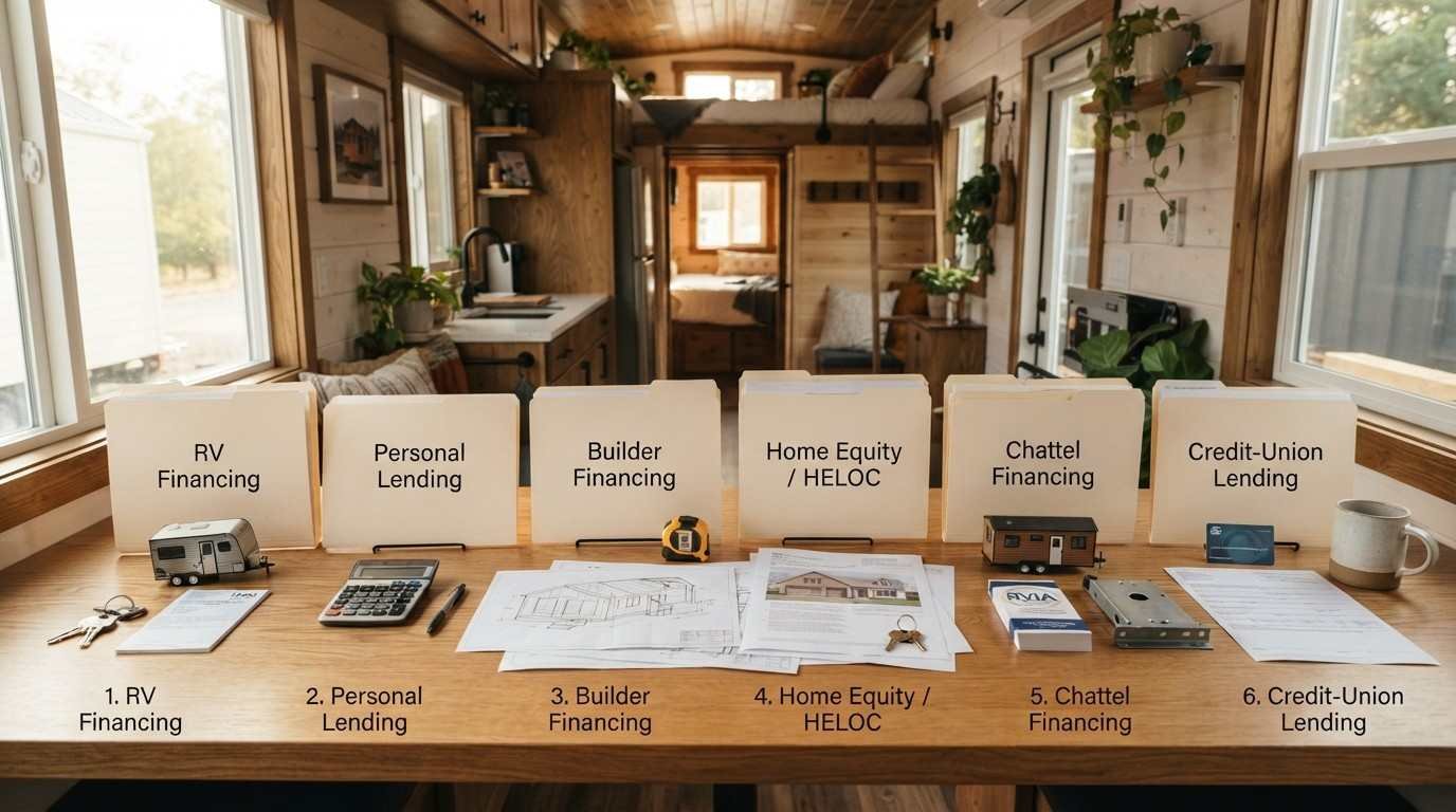 Tiny home financing comparison scene showing loan documents, RV certification, property collateral and builder paperwork representing six California THOW financing options.