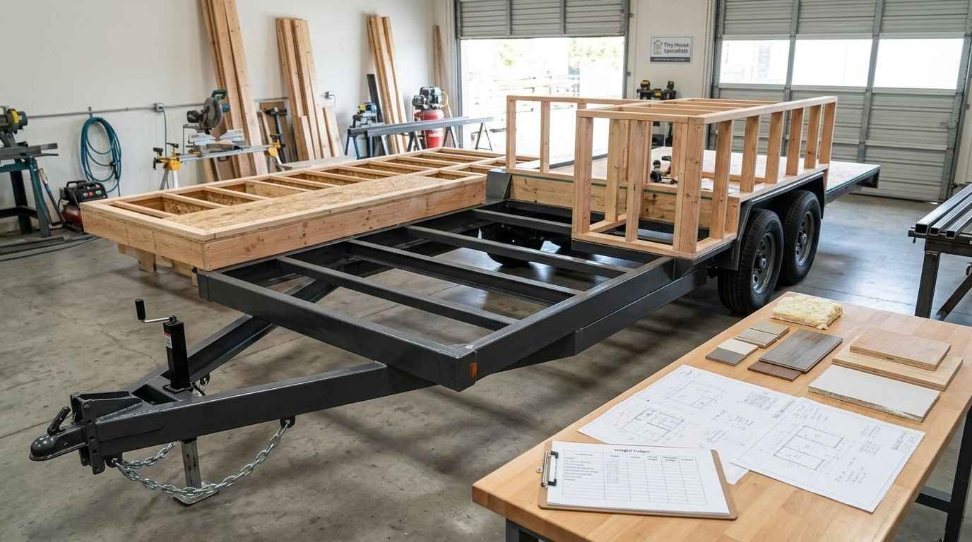 28-foot tandem-axle tiny house trailer chassis with visible structural framing, axles, subfloor, weight-planning documents, and material samples illustrating how the trailer foundation determines the floor plan.