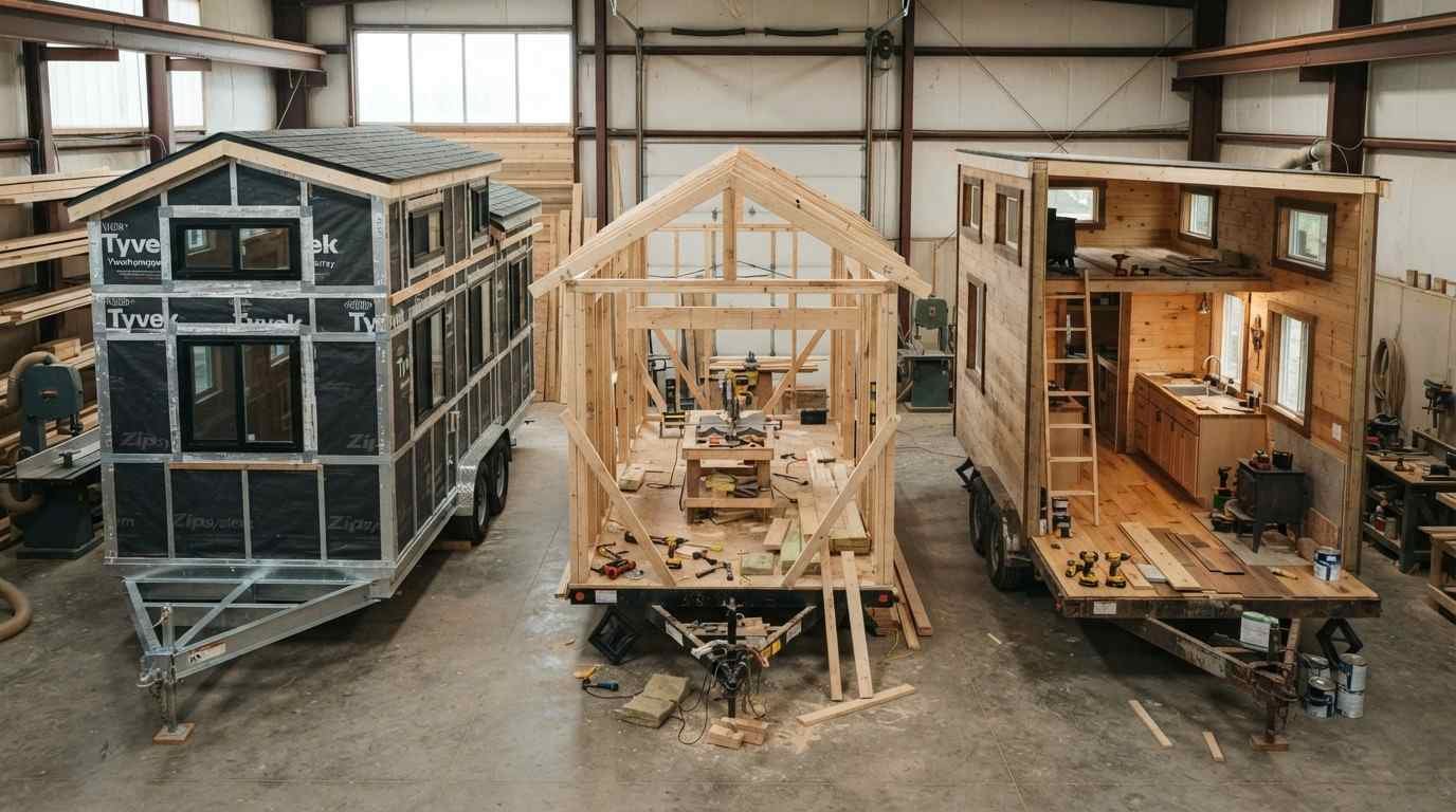 Tiny home construction scene showing professional, DIY, and hybrid build approaches with exposed framing, weatherproof shell work, and interior finishing.