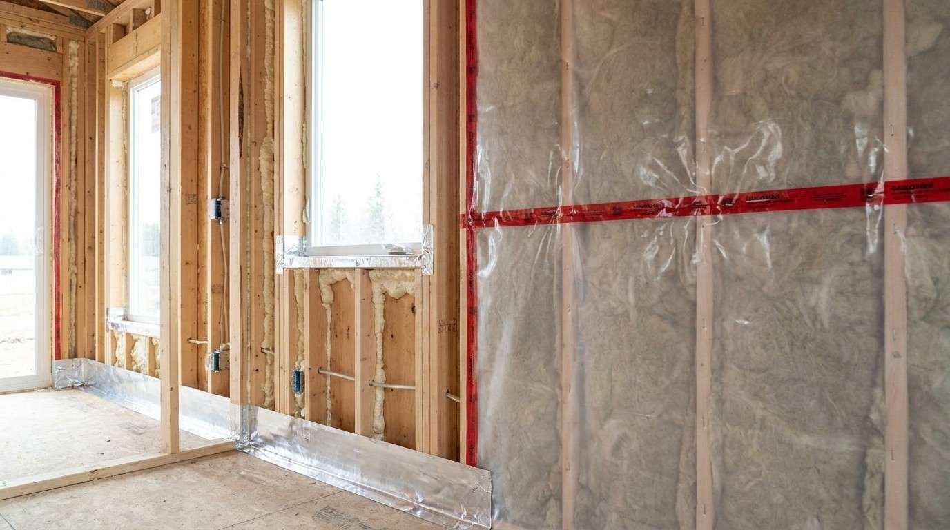 Tiny home wall construction showing fiberglass insulation, spray foam around openings, reflective air sealing, and a vapor barrier between wood studs.