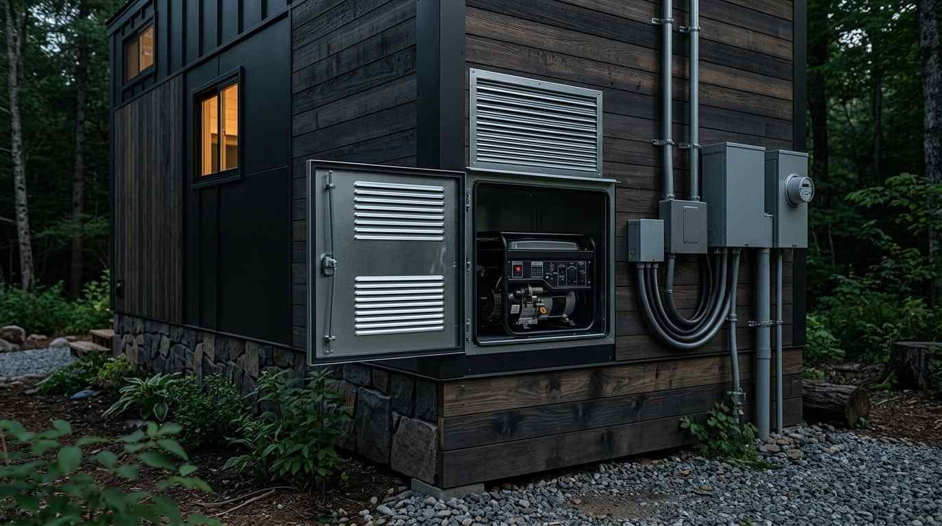 Exterior backup generator installed in a utility compartment on a modern tiny home, with ventilation panels, electrical service boxes, and conduit wiring.