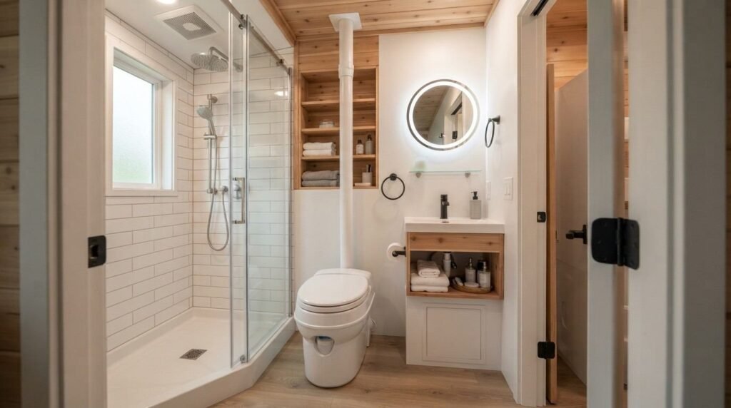 Compact tiny home bathroom with a space-saving shower, composting toilet, narrow vanity, waterproof finishes, ventilation, and integrated storage.