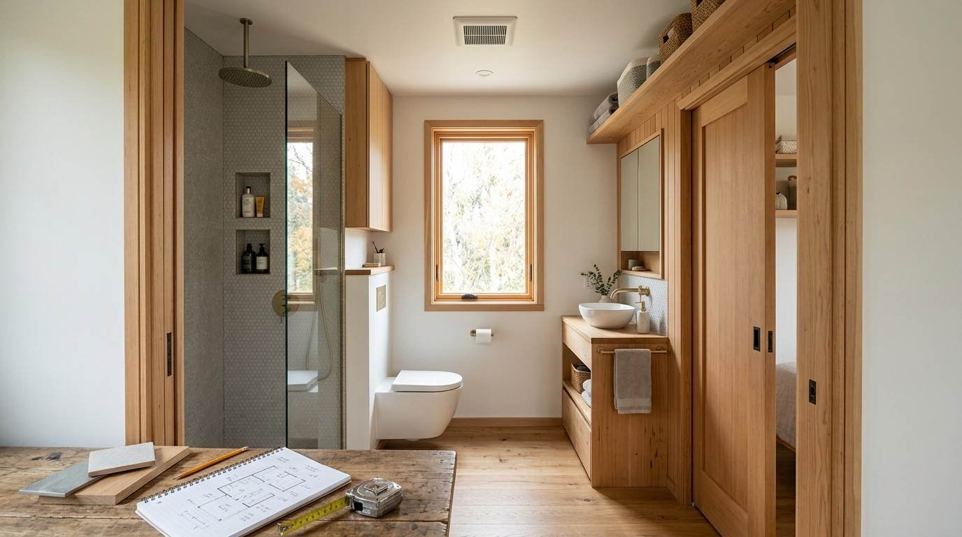 Compact tiny home bathroom with efficient fixture circulation, space-saving door, exterior window and integrated recessed, overhead and vanity storage.