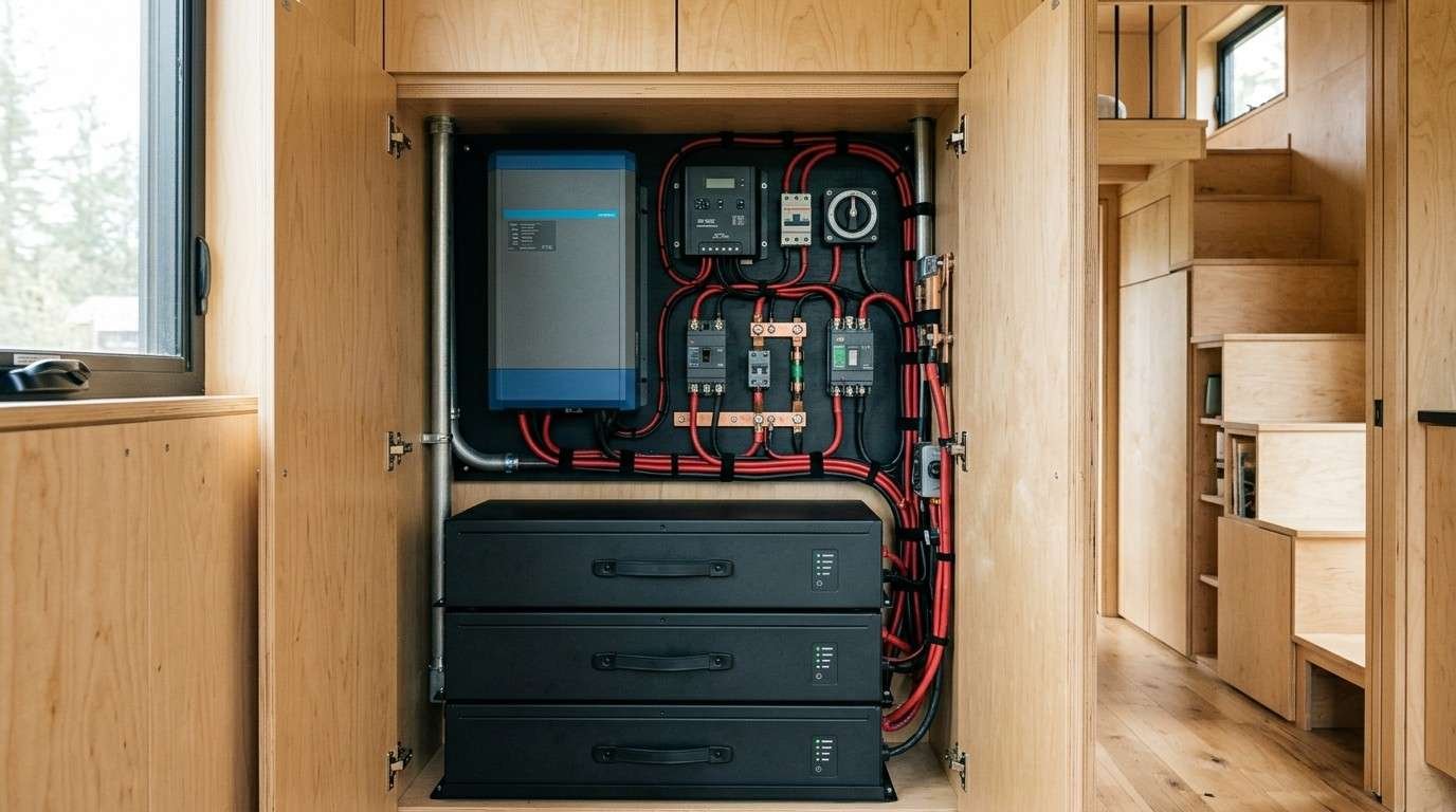 Compact power management compartment in a tiny home featuring a solar power inverter, electrical controllers, circuit breakers, red and black wiring, and stacked battery storage units.