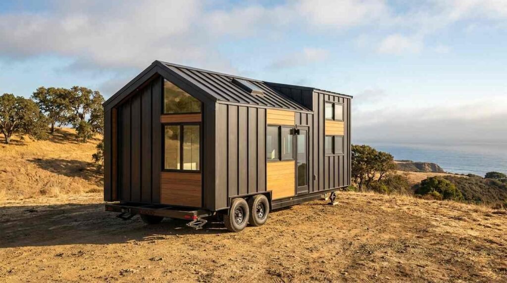 Modern tiny home on wheels showcasing durable exterior siding, wood accents, metal roofing, large windows, and a dual-axle trailer frame.