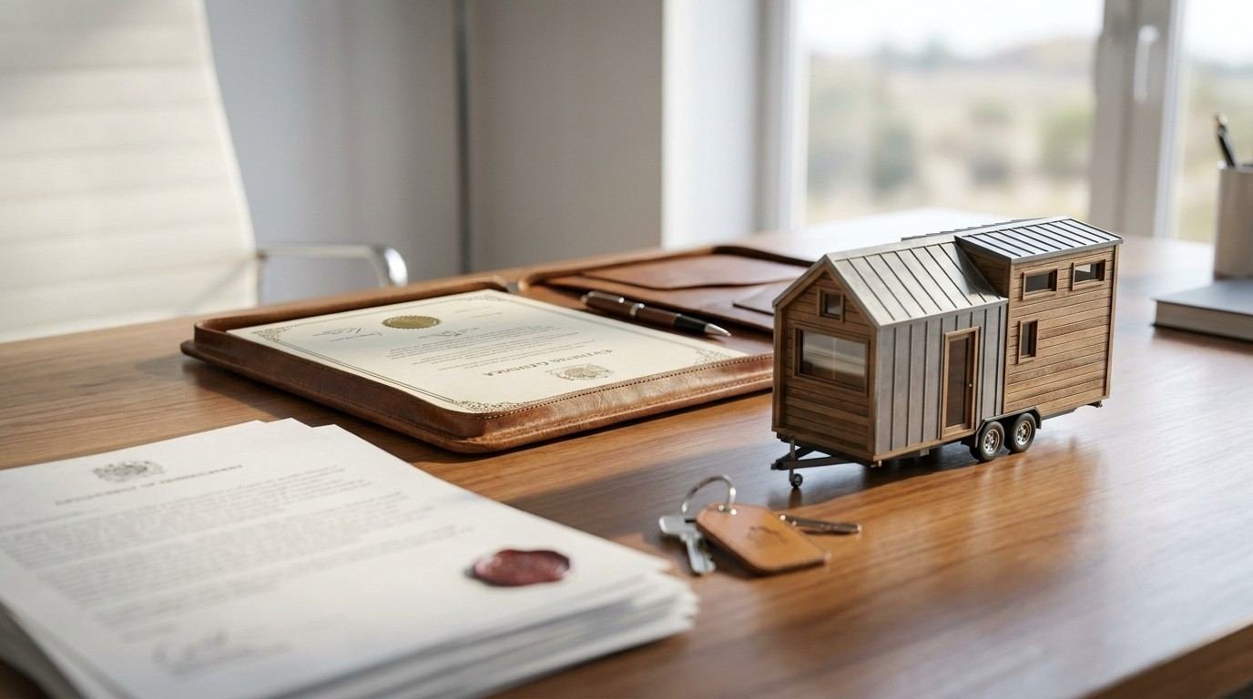 Tiny home model displayed beside certification documents, legal paperwork, keys, and a pen on a wooden desk.