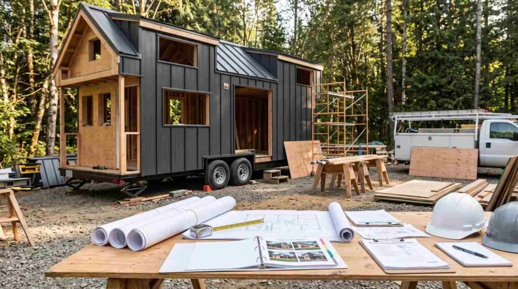Tiny home on wheels under construction in a wooded area, with unfinished exterior framing, metal roofing, scaffolding, architectural blueprints, lumber, and safety helmets on a worktable.
