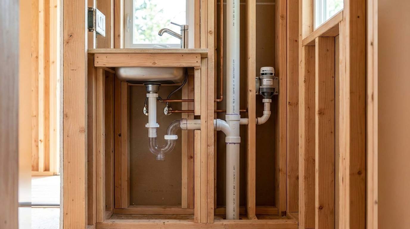 Tiny home drain-waste-vent system showing a sink drain, P-trap, PVC drain pipe, vent stack, and connected plumbing inside an exposed wood-framed wall.