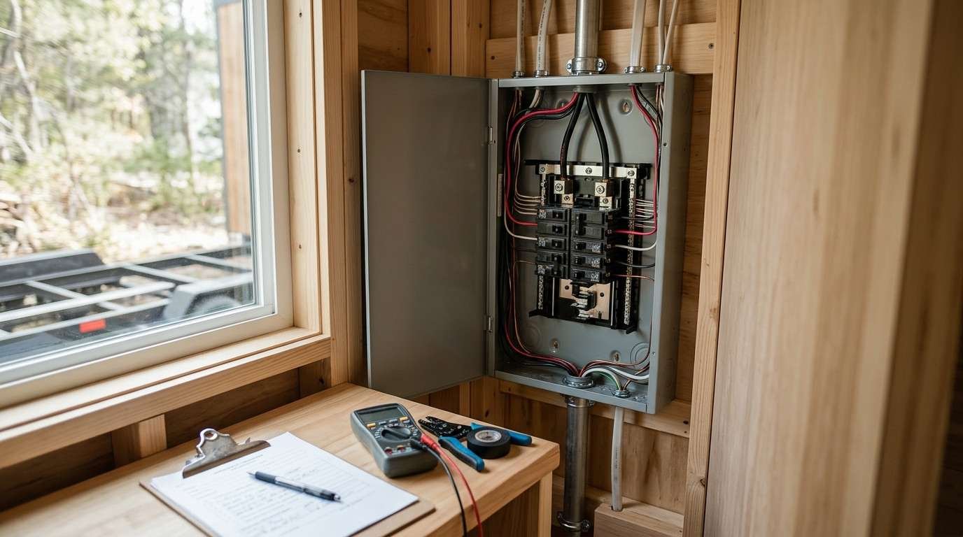 Open electrical breaker panel inside a tiny home, with wiring, a digital multimeter, insulated tools, and inspection paperwork on a wooden workbench.