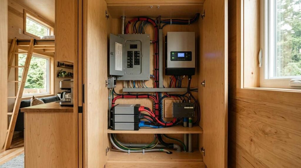 Tiny home electrical system featuring a circuit breaker panel, inverter, battery bank, and organized red and black wiring inside a wooden utility cabinet.