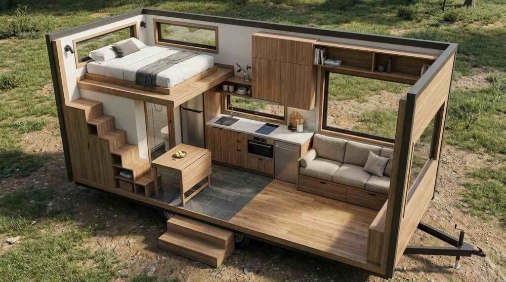 Open-concept tiny home floor plan showing a loft bedroom, compact kitchen, bathroom, living area, storage stairs, and trailer base.
