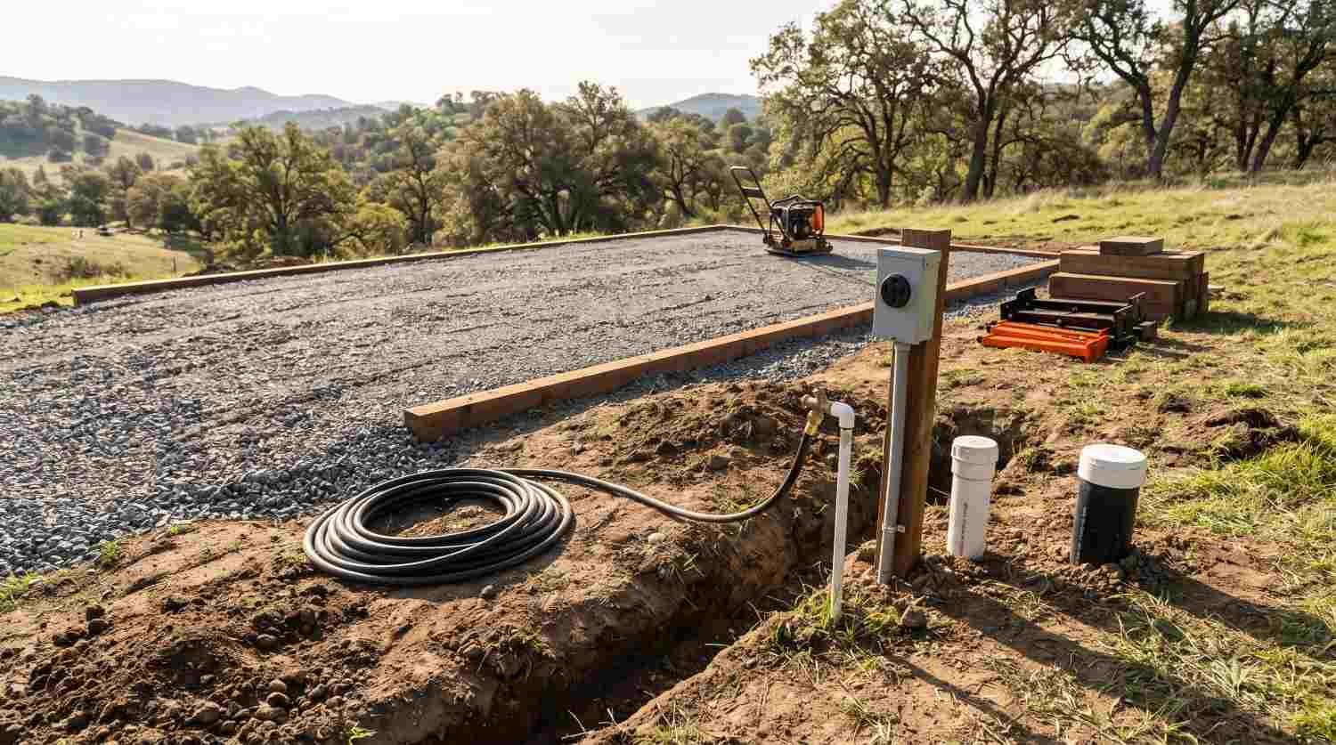Tiny home site preparation with a compacted gravel foundation, electrical hookup, water supply pipes, and drainage components on a rural hillside property.