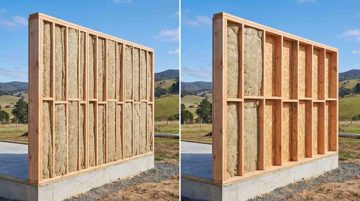 Side-by-side comparison of conventional stick framing and advanced framing methods with wood studs and insulation.