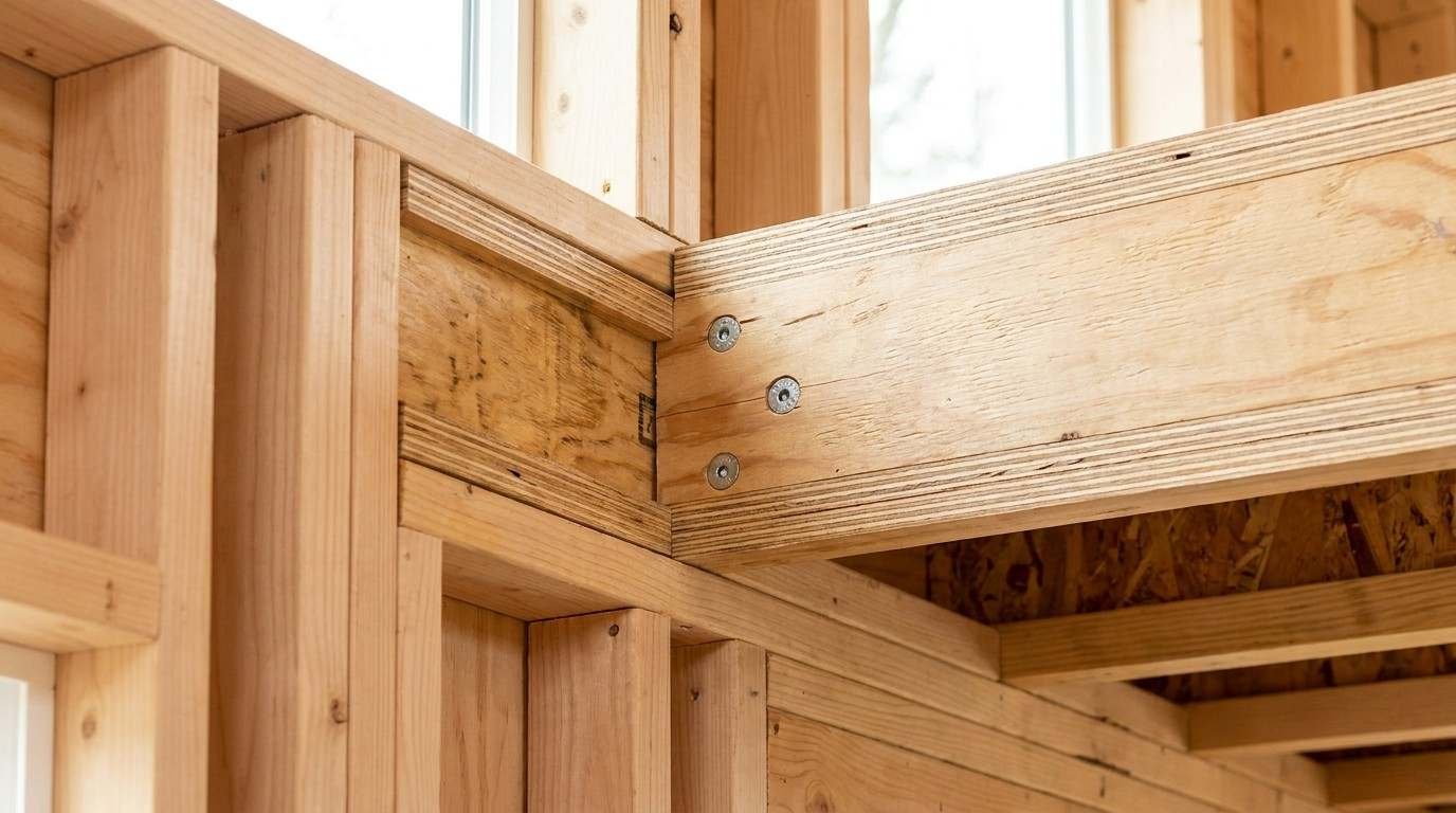 Close-up of a tiny home wood framing connection showing laminated beams, wall studs, plywood components, and structural fasteners.