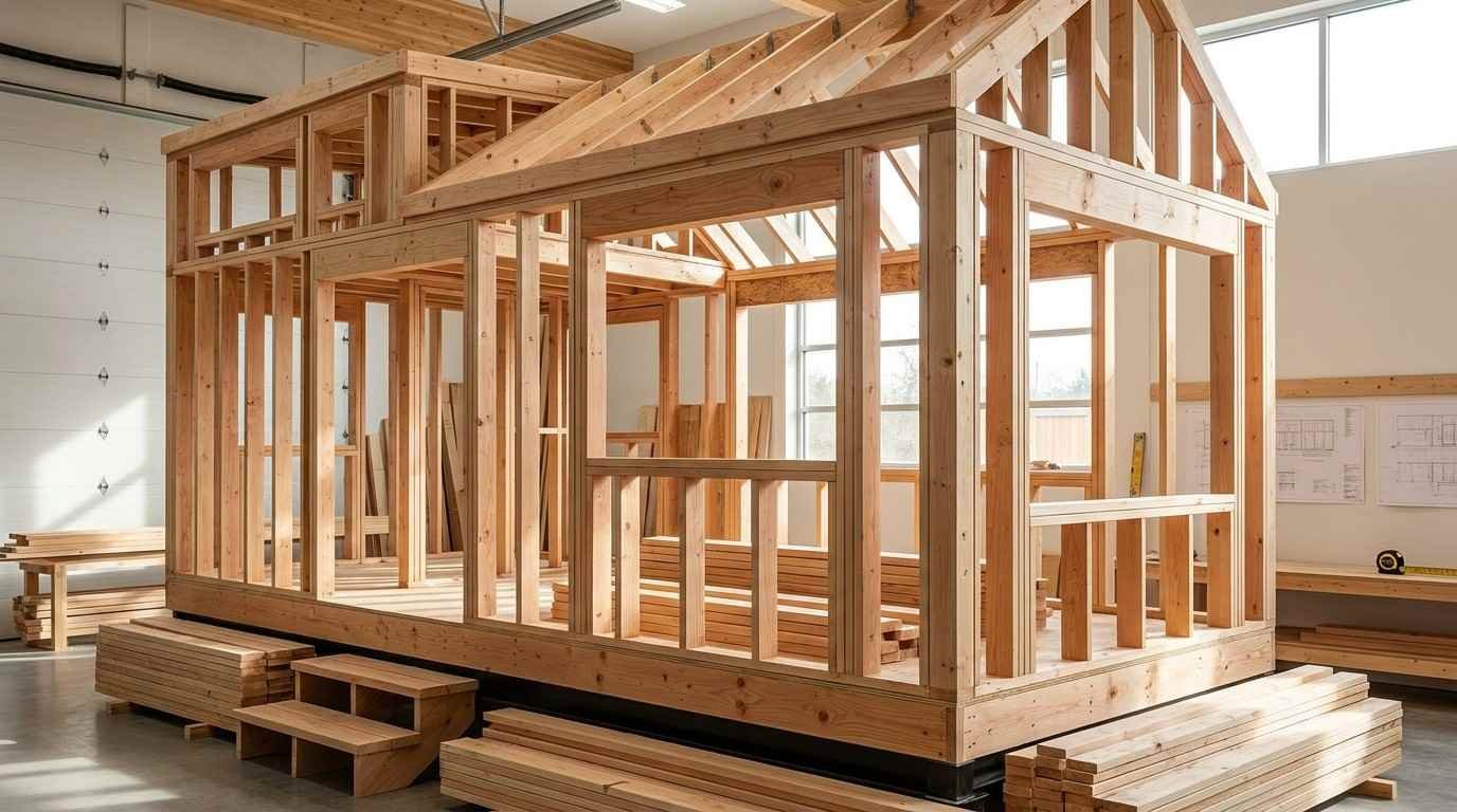 Tiny home under construction showing wood wall framing, roof trusses, structural beams, and a trailer-based foundation.