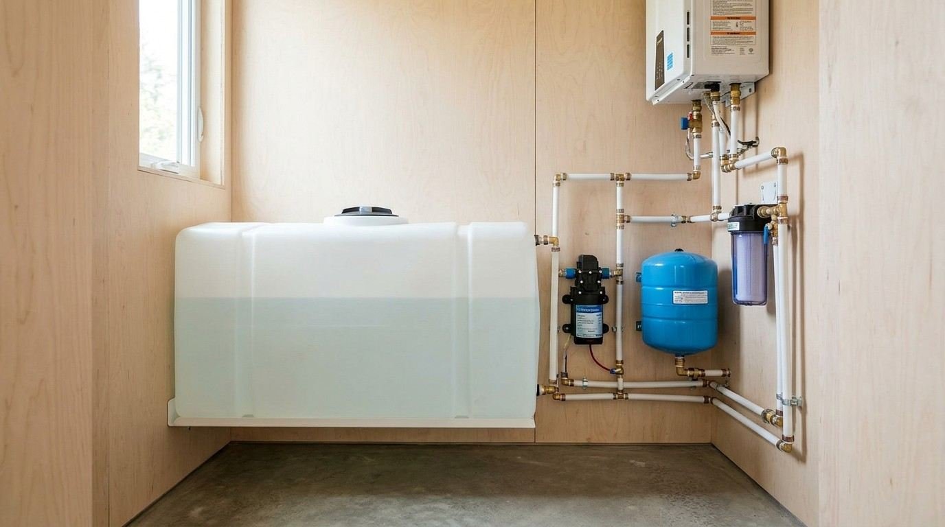 Tiny home freshwater supply system with a storage tank, water pump, pressure tank, filtration system, water heater, and connected plumbing lines.