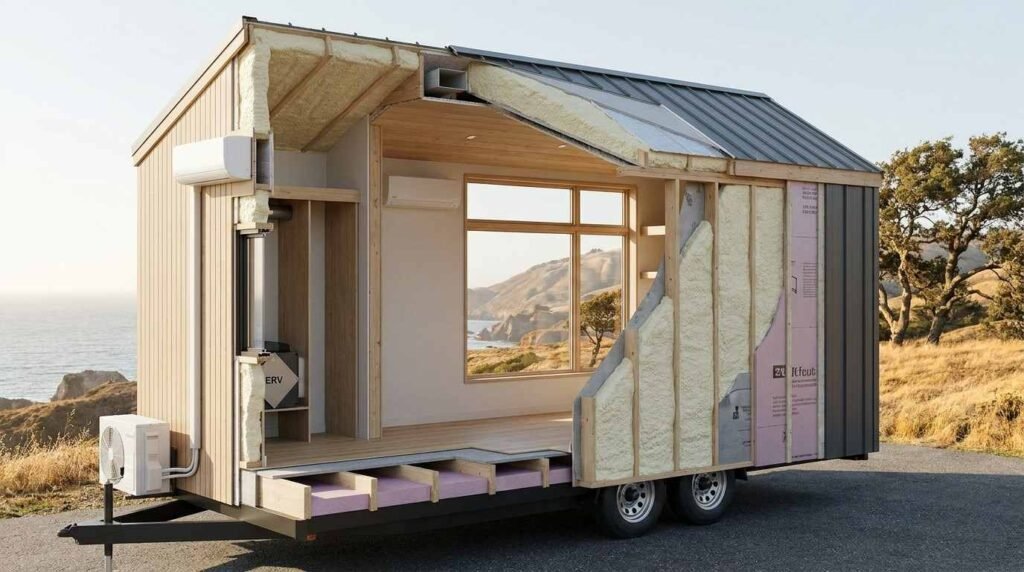 Tiny home cross-section showing spray foam insulation in walls and roof, rigid foam insulation beneath the floor, and a metal roof assembly.
