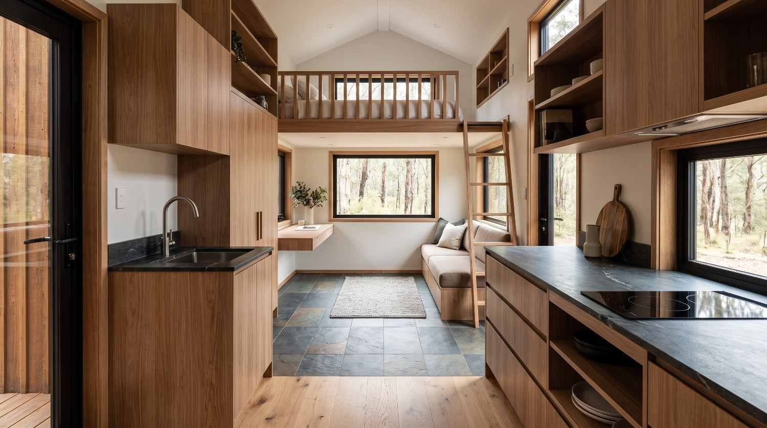 Modern tiny home interior with a loft bedroom, compact kitchen, built-in storage, ladder, and multifunctional living space.