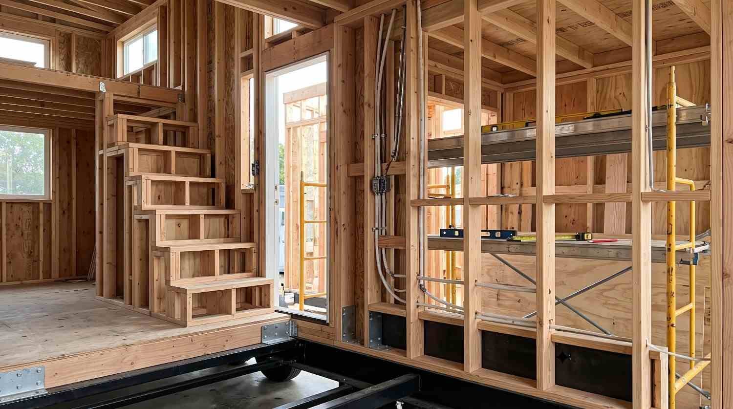 Interior of a tiny house under construction showing exposed wooden wall framing, built-in stairs to a loft, electrical wiring, and structural supports on a trailer foundation.