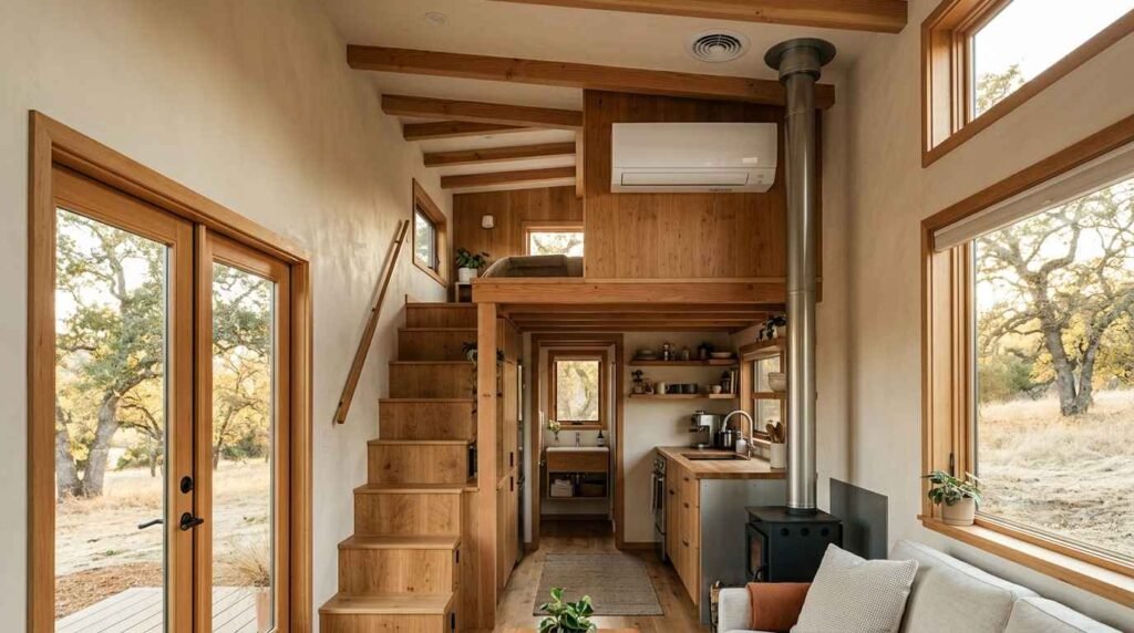 Compact tiny home interior featuring a loft bedroom, wall-mounted mini-split HVAC system, wood-burning stove, wooden staircase, and large windows for natural light.