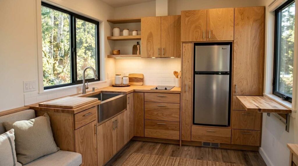Compact tiny home kitchen with an efficient L-shaped layout, induction cooktop, single-basin sink, compact refrigerator, full-height storage, durable countertops, and space-saving features.