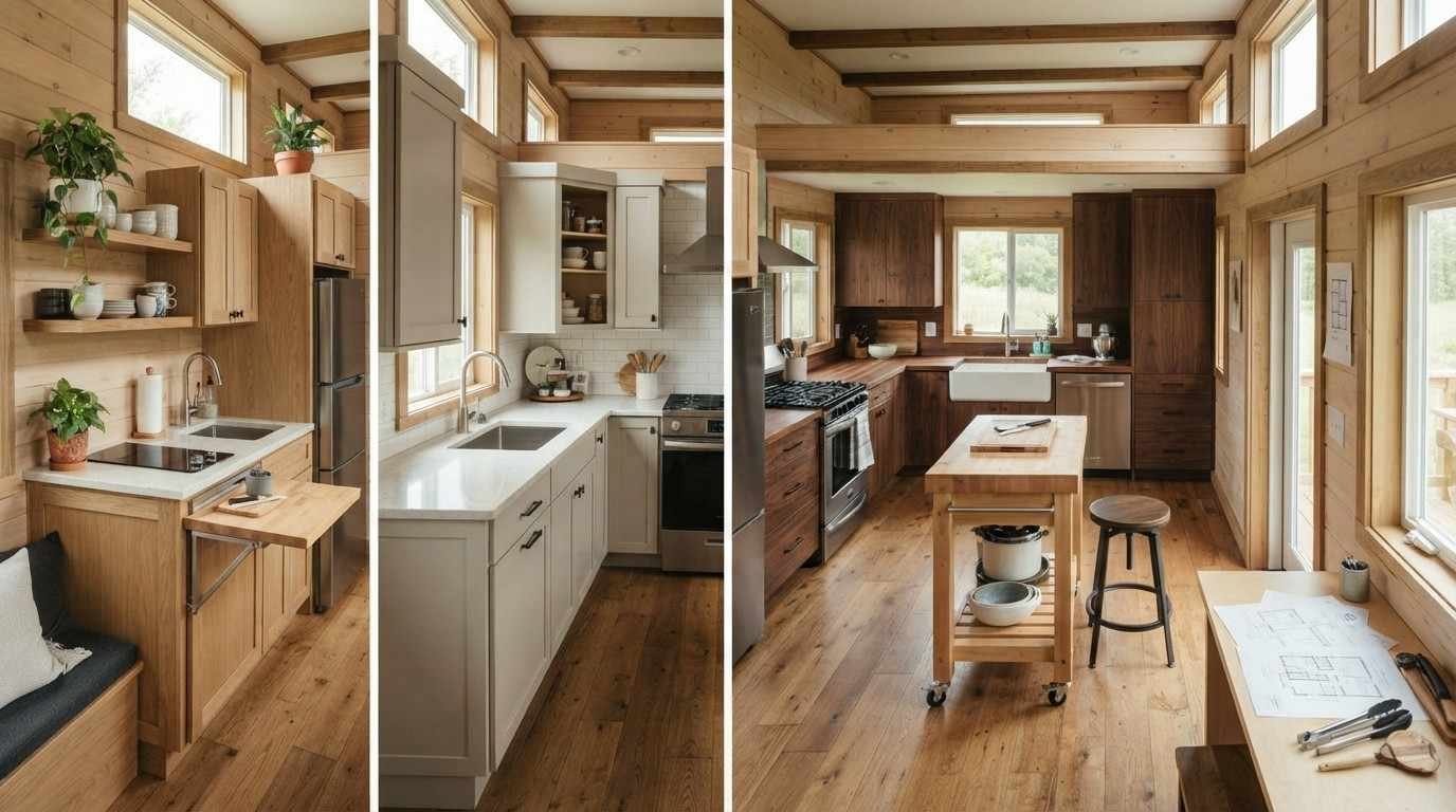 Tiny home kitchen layouts showing single-wall, L-shaped, U-shaped and mobile island or cart configurations, highlighting circulation, counter space, storage and cooking flexibility.