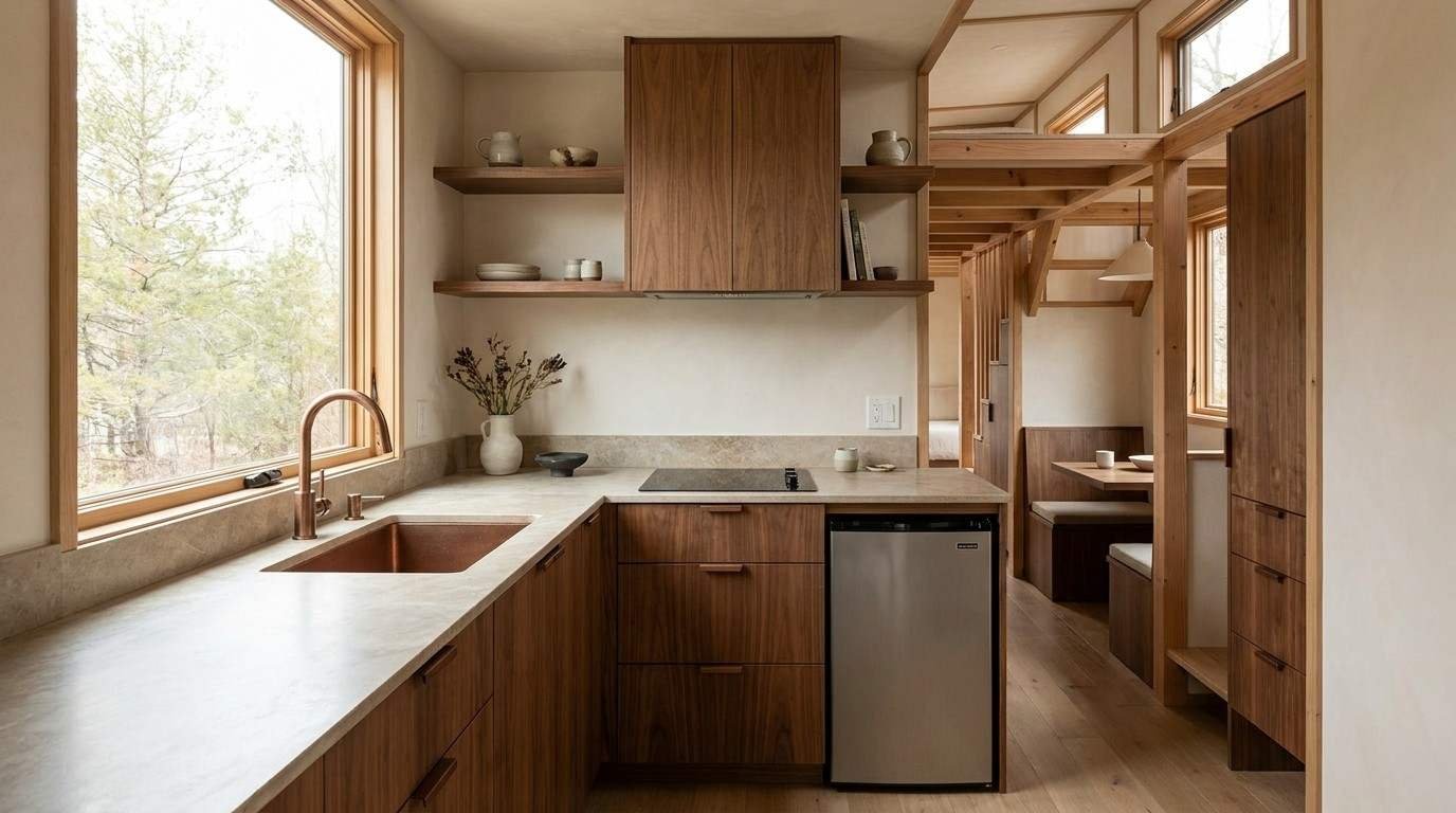 Compact tiny home kitchen with L-shaped cabinetry, sink, cooktop, refrigerator, open shelving, and built-in dining area.
