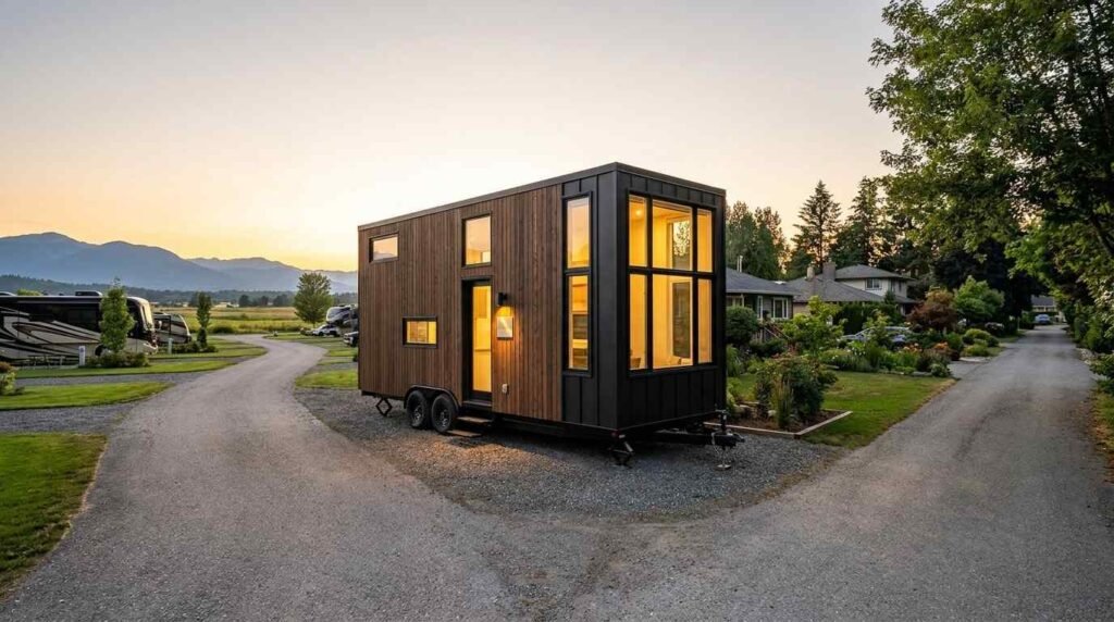 Modern tiny home on wheels parked in a residential setting, illustrating tiny home legal classification and certification.