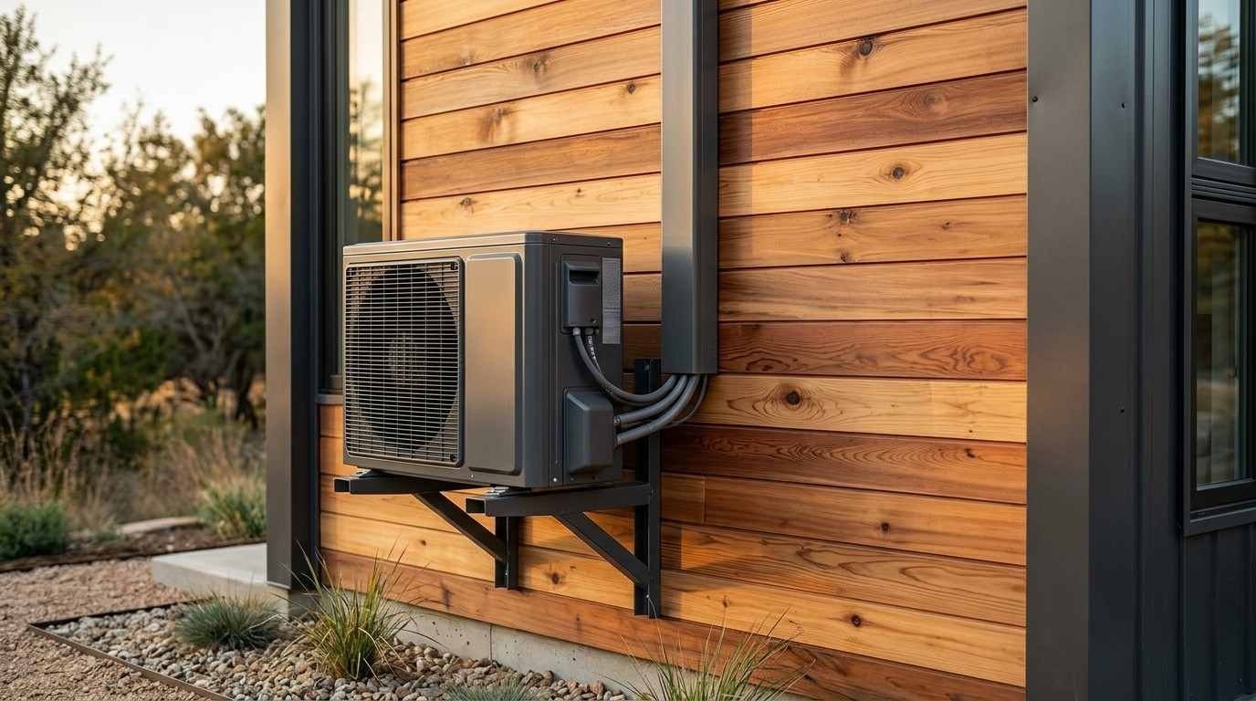 Outdoor mini-split HVAC condenser unit mounted on a metal bracket against a modern tiny home’s wooden exterior, with insulated refrigerant lines, protective conduit, and surrounding natural landscaping.