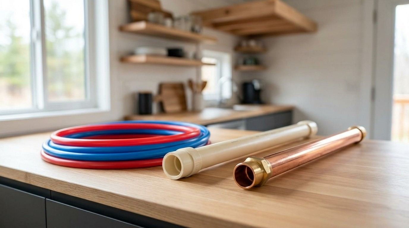 Tiny home plumbing materials showing red and blue PEX tubing alongside white plastic and copper pipes on a kitchen countertop.