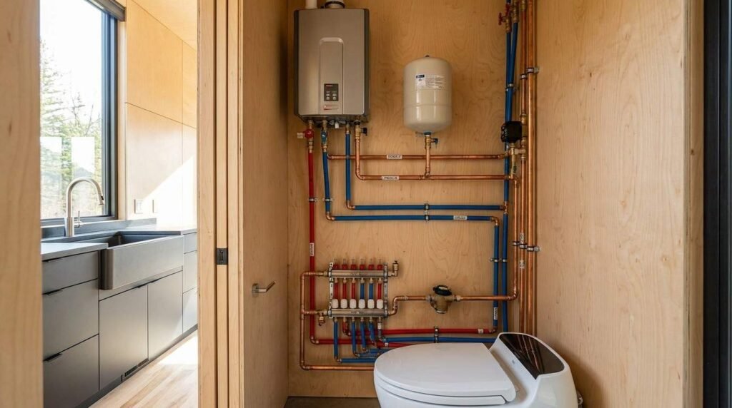 Compact tiny home plumbing system with tankless water heater, expansion tank, copper pipes, PEX lines, manifold, and bathroom fixtures arranged in a utility cabinet.
