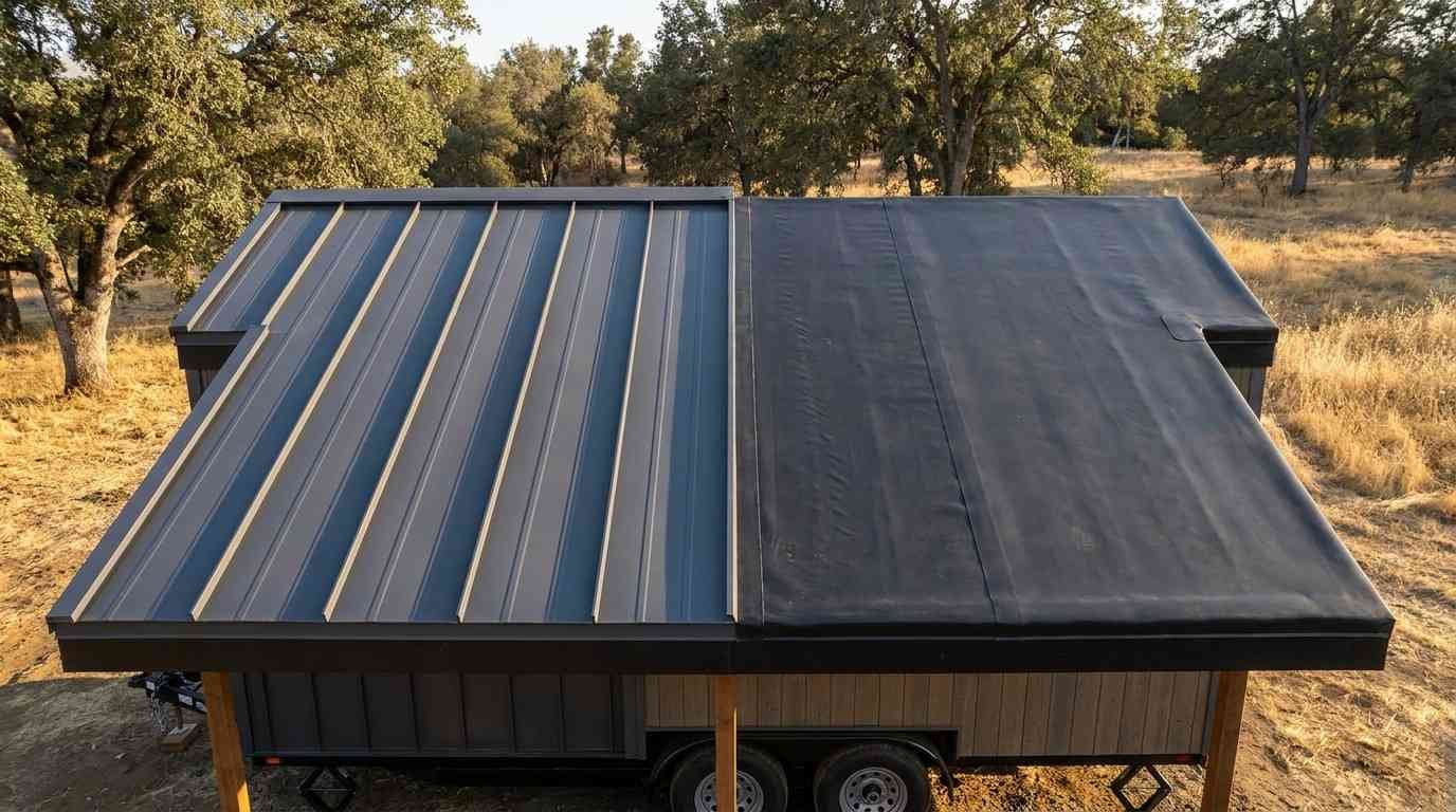 Tiny home showing a comparison of standing seam metal roofing and a membrane roof system on a trailer-based structure.