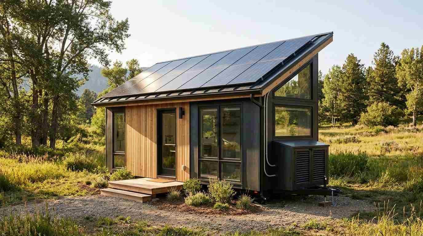 Modern tiny home with rooftop solar panels in a wooded meadow, showcasing a renewable energy setup for off-grid living.