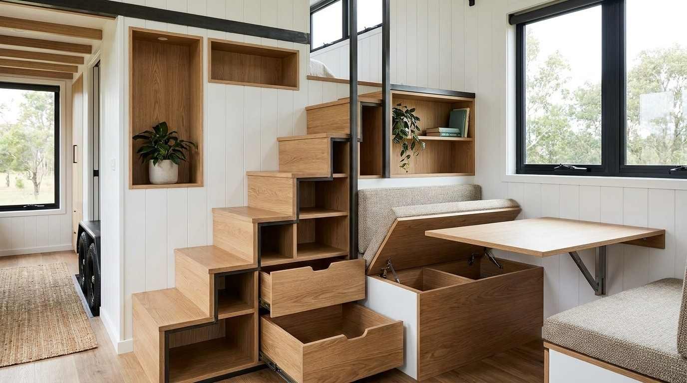 Tiny home interior featuring space-saving staircase storage, built-in drawers, a fold-down dining table, and compact seating area.