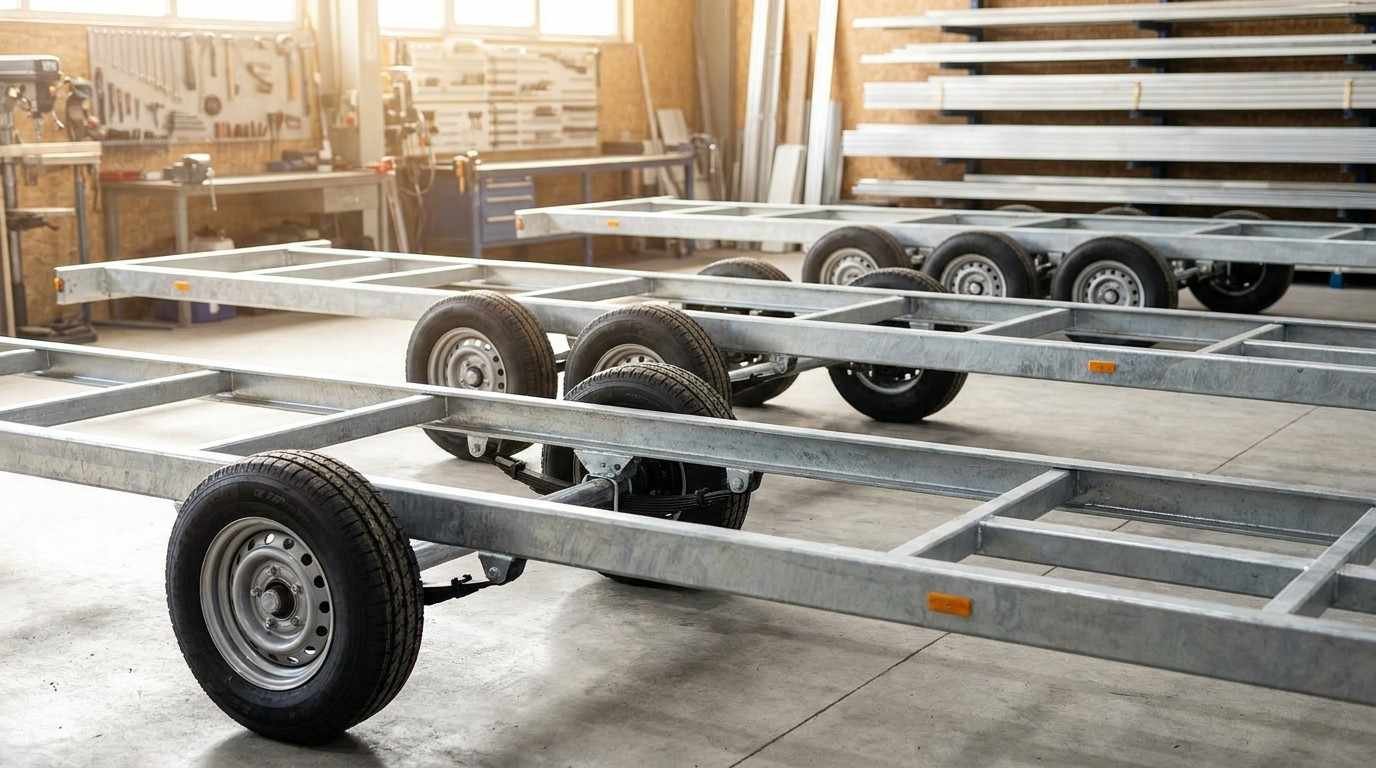 Tiny home trailer frames with single and multiple axle configurations displayed inside a workshop.