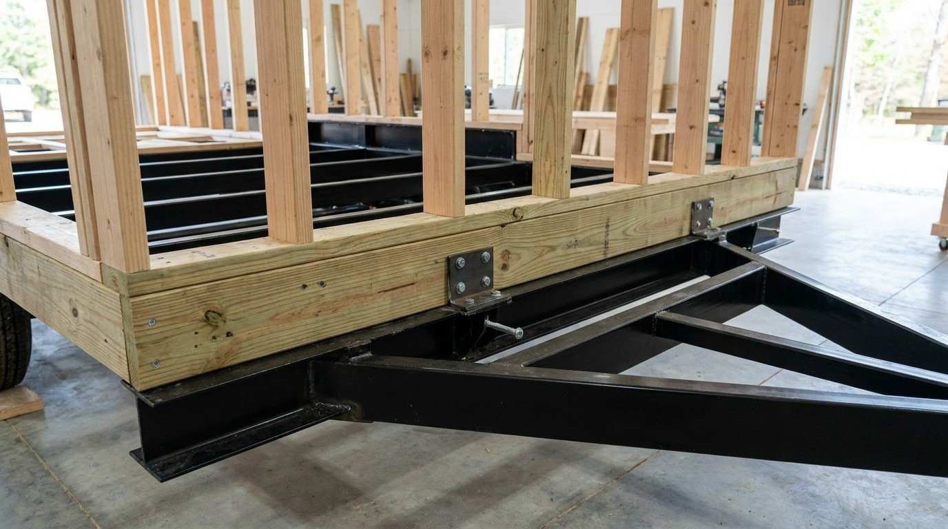 Tiny home wood framing attached to a steel trailer chassis, showing structural connections, wall studs, and trailer frame construction.