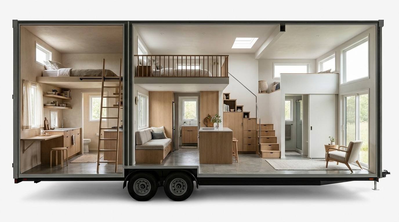 Cutaway view of a tiny home trailer showing multiple sleeping areas, compact kitchen, bathroom, living space, and space-saving staircase design.