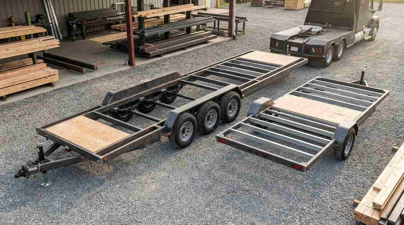 Tiny home trailer frames with multiple axles shown at a workshop, illustrating trailer length, towing configuration, and structural layout.
