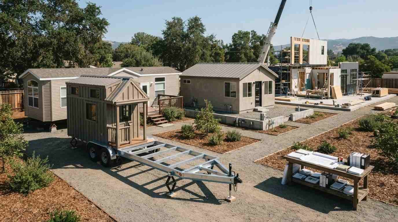Four tiny-home types compared in one California setting: a trailer-mounted THOW, park model RV, foundation-built ADU and modular home under assembly.