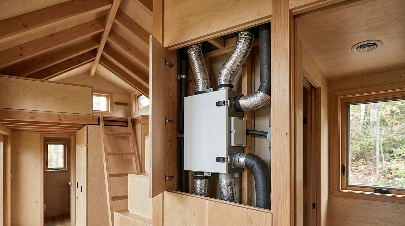 Tiny home mechanical ventilation system featuring a central air handling unit, insulated flexible ductwork, ceiling air vent, and compact wooden cabinetry beneath exposed timber roof beams.