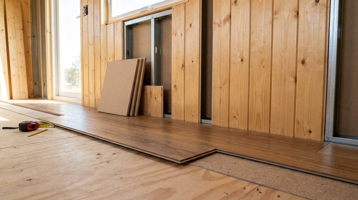 Tiny home interior under construction with wood wall paneling, engineered flooring, exposed metal framing, and construction tools.