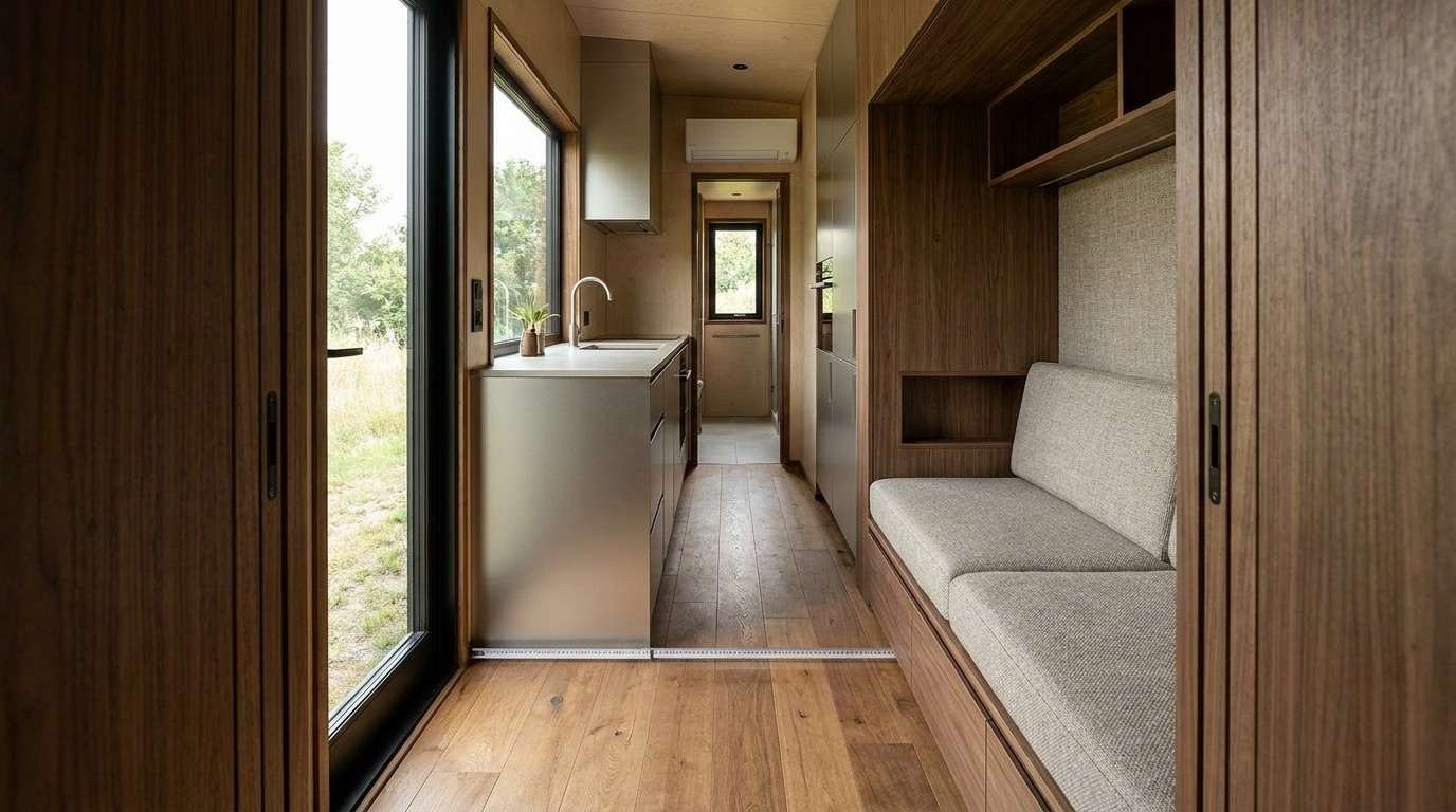 Narrow tiny home interior with a compact kitchen, built-in seating, wood cabinetry, and efficient use of limited floor space.
