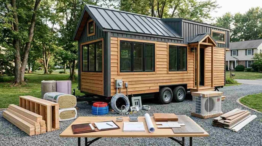 Tiny home on wheels with construction materials, trailer chassis, finishes, appliances, and organized project supplies representing the major costs of building and budgeting a THOW.