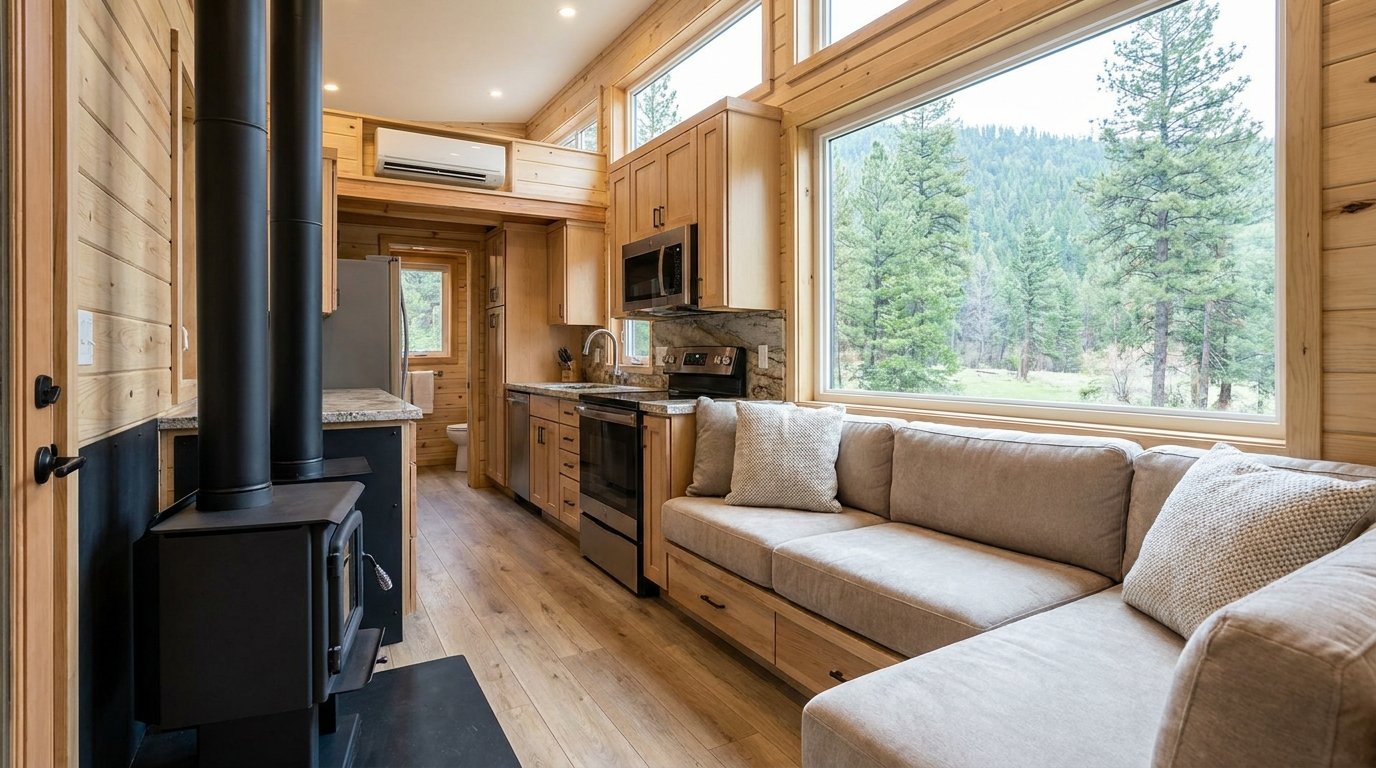 Wood-paneled tiny home interior with a compact kitchen, living area, wood stove, and large windows overlooking a forested landscape.